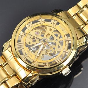 Heren Gold Skeleton Steel Self Mechanical Watch Dress for Men Women Fashion Polshorwatch Original Brand Winner246Y