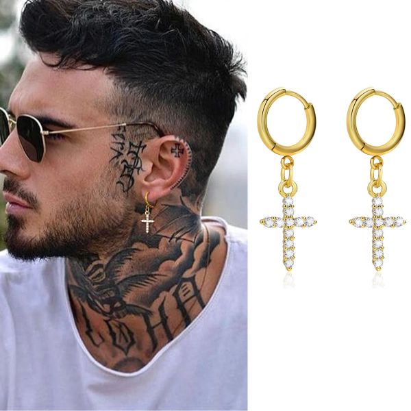 Boucles d'oreilles croisées en or jaune 14 carats pour hommes, pierres de zircone cubiques scintillantes, boucles d'oreilles pendantes, cadeaux pour lui, bijoux, brincos masculinos