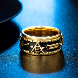 Heren Golden Color Spinner Freemason Ring 14K Geel Gold Rune Roterende Mason Masonic Sieraden voor 19