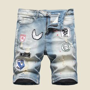 Heren Graffiti Ripped Zomer Mode Korte Jeans Casual Slim Big Hole Retro Stijl Denim Shorts Mannelijke Merk Kleding 240313