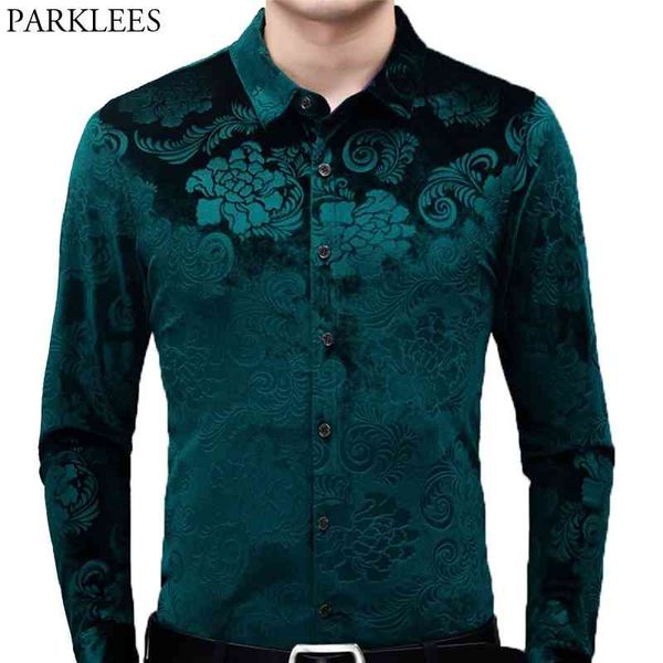 Hommes Vert Velours Floral Robe Chemises Marque Slim Fit Manches Longues Velour Hommes Casual Bouton Down Mâle Camisas 210721