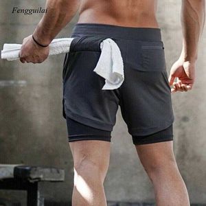 Hommes Gym Sports Shorts Jogging Courir Respirant Fitness Exercice Double Couche Chemise Poche Cachée Casual Shorts X0705