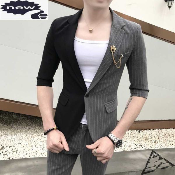 Hommes Demi Manches Blazer Veste Costume Rayé Patchwork Slim Fit Deux Pièces Ensemble Homme D'affaires Coordonne Night Club Vêtements Costumes X0909