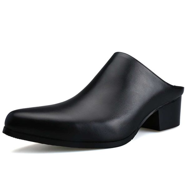 Hommes demi pantoufles 5CM chaussures à talons hauts noir bleu blanc été sandales de bureau en cuir véritable bout pointu 2023 diapositives de mode