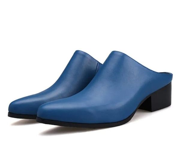 Demi-pantoufles pour hommes, chaussures à talons hauts de 5CM, noir, bleu, blanc, sandales de bureau d'été, en cuir véritable, bout pointu, diapositives à la mode