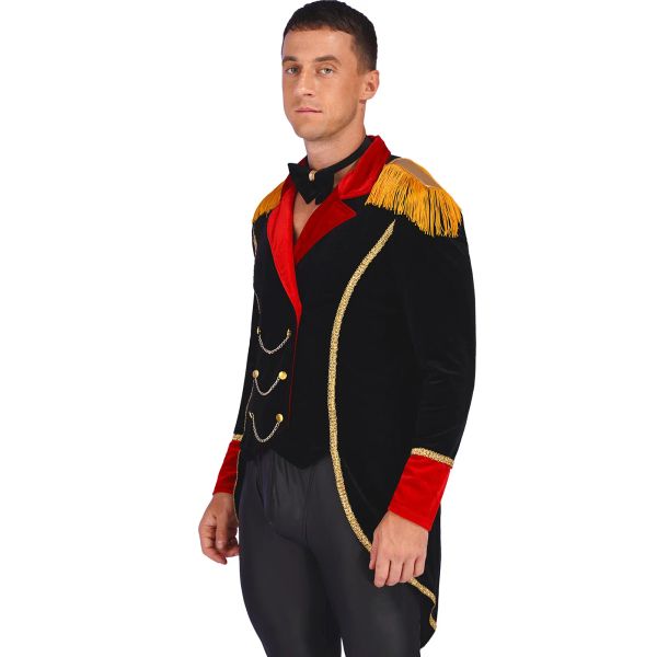 Mens Halloween Circus Dingmaster Cosplay Complay Fringe Chaqueta de terciopelo Fiesta temática Showman Swallow-Tailed Coat Buxedo Taille