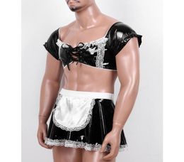 Mens Halloween Cosplay Sexy Maid Uniforme Wetlook Latex en cuir en cuir érotique serviteur Roleplay Laceup Crop Top avec une jupe évasée6406052702