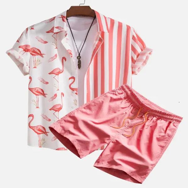 Hawaiian Flamingo Strip imprimé ensemble de streetwear décontracté bouton à manches courtes Shirts Shorts de plage Men 2024 Été Two-Pice 240412