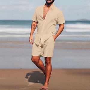 Mens Hawaiian Set Summer Color Color Stand Collier à manches courtes Shirt Shorts de plage Streetwear Set 2 pièces de haute qualité 240412