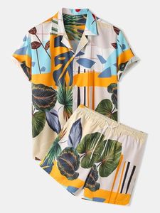 Hawaiiaans shirt en korte broek voor heren, tropisch strand met schildpadbladprint, zwemvakantieset met korte mouwen, tweedelig strandpak 240326