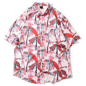 Heren Hawaiian Shirt Roze Bikini Girl Coconut Print Merk Losse Licht Korte Mouw Strand Shirts voor Mannen 210527