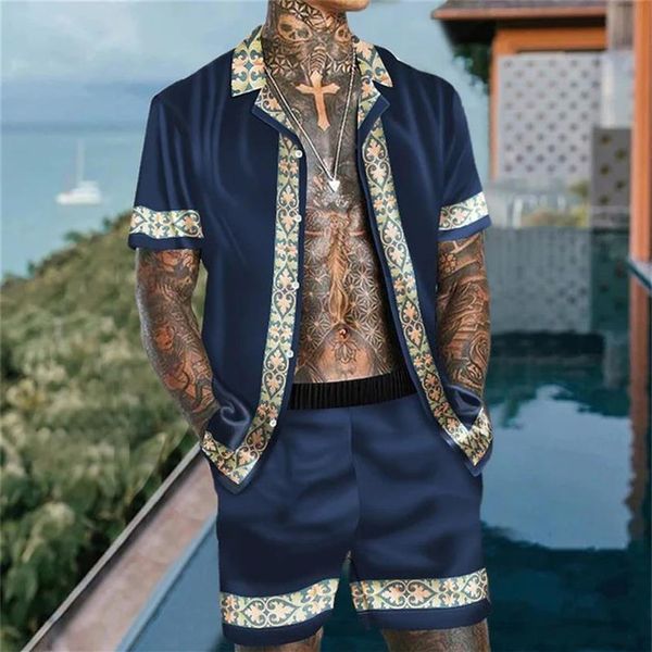 Conjunto de camisas y pantalones cortos de chándal hawaiano para hombre, conjunto de 2 piezas para vacaciones tropicales, traje de playa con botones y estampado de flores, 251O