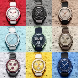 Heren hoge kwaliteit biokeramische planeet maan horloge volledig functionele Quarz chronograaf uurwerk horloges waterdichte lichtgevende lederen band horloges met doos 68 es