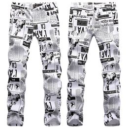 Heren Hoge kwaliteit Street Fashion Prints Jeans Slim-fit Stretch Denim Broek Krant Schilderij Party Jeans Cool Casual Jean