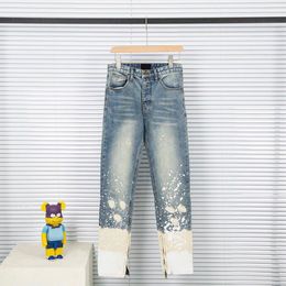Heren high street jeans slank jeans verontruste denim witte designer lederen broek met gaten letters scheurde knie gescheurd voor man mager rechte been
