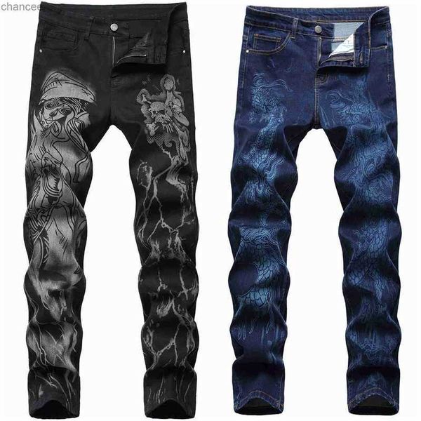 Pantalones vaqueros con estampado de tigre para hombre, pantalones vaqueros con estampados de brujas, diseños adelgazantes, pantalones vaqueros informales para hombre con estampado de dragón, vaqueros azules negros clásicos HKD230829