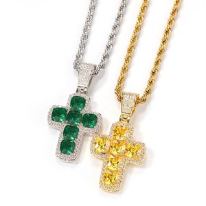 Collier avec pendentif Hip Hop pour hommes, croix en pierre CZ scintillante, bijoux en or argenté, diamant vert, colliers de déclaration, cadeau 319j