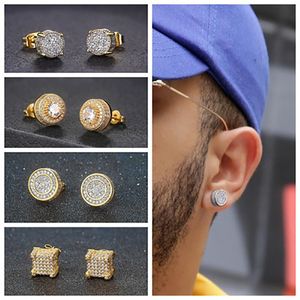 Mens Hip Hop Iced Out Bling CZ Boucles D'oreilles Géométrique Carré Rond Or Couleur Micro Pave Cubique Zircon Boucles D'oreilles pour Hommes Femmes Mode Oreille Bijoux