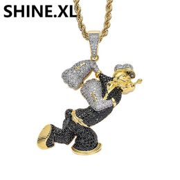Bijoux Hip Hop pour hommes, pendentif Popeye de dessin animé, collier deux tons, couleur glacée, pierre de Zircon, bijoux Homme200i