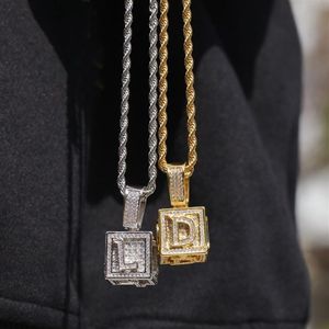 Bijoux Hip Hop pour hommes, collier avec lettre initiale glacée, pendentif en or et argent, Cube dés, colliers hip hop 2413