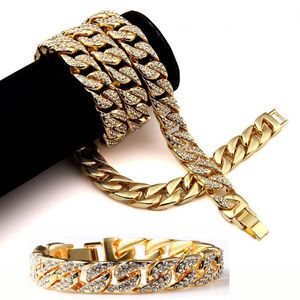 Mens Hip Hop Sieraden Sets Cubaanse Link Collier Bling Bling Iced Out Full Diamond Necklace Armband 15mm 75cm 21.5cm