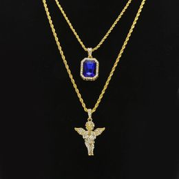 Ensembles de bijoux Hip Hop pour hommes Mini carré rubis saphir plein cristal diamant ailes d'ange pendentif colliers de chaîne en or pour homme Hiphop 2440