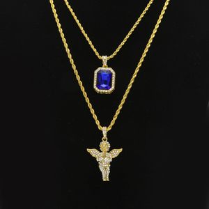 Heren Hip Hop Sieraden Sets Mini Square Ruby Sapphire Volledige Crystal Diamond Angel Wings Pendant Goudketting Kettingen voor mannelijke Hiphop Jewel 355V