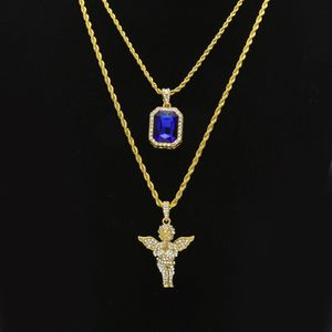 Heren hiphop sieradensets mini vierkante robijn saffier vol kristal diamanten engelenvleugels hanger gouden ketting kettingen voor mannelijke hiphop 277v