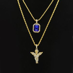 Heren Hip Hop Sieraden sets Mini Vierkante Ruby Sapphire Volledige kristal Diamanten engelenvleugels hanger Gouden ketting kettingen Voor mannelijke Hiphop 184w
