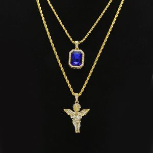 Heren Hip Hop Sieraden sets Mini Vierkante Ruby Sapphire Volledige crystal Diamond engelenvleugels hanger Gouden ketting kettingen Voor mannelijke Hiphop 260I