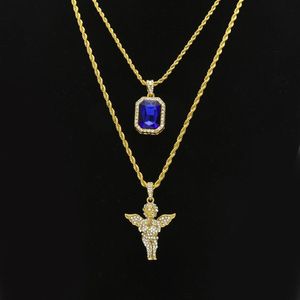 Ensembles de bijoux Hip Hop pour hommes Mini carré rubis saphir plein cristal diamant ailes d'ange pendentif colliers de chaîne en or pour homme Hiphop 207i