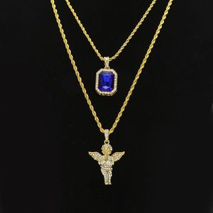 Ensembles de bijoux Hip Hop pour hommes Mini carré rubis saphir plein cristal diamant ailes d'ange pendentif colliers de chaîne en or pour homme Hiphop 235m