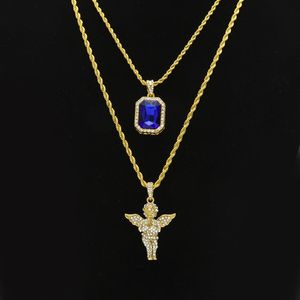 Heren Hip Hop Sieraden sets Mini Vierkante Ruby Sapphire Volledige crystal Diamond engelenvleugels hanger Gouden ketting kettingen Voor mannelijke Hiphop 242B