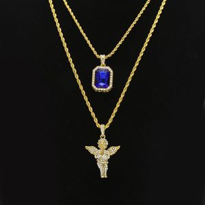 Heren Hip Hop Sieraden sets Mini Vierkante Ruby Sapphire Volledige crystal Diamond engelenvleugels hanger Gouden ketting kettingen Voor mannelijke Hiphop 2274