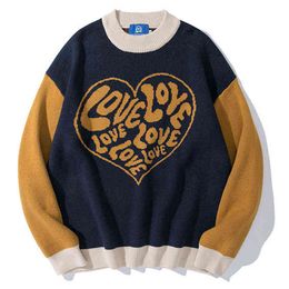 Jersey de punto de Hip Hop para hombre, suéteres con estampado de letras y corazón, ropa de calle de retales, jerséis holgados informales de otoño Harajuku, Unisex T220730