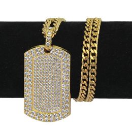 Collier Hip Hop Hop Bijoux Full Rhingestone Iced Out Dog Tag Pendant Gold Colliers pour hommes