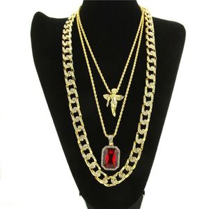 Collier Hip Hop pour hommes, pendentif rubis, chaîne à maillons cubains, bijoux à la mode, 3 pièces, Set262E