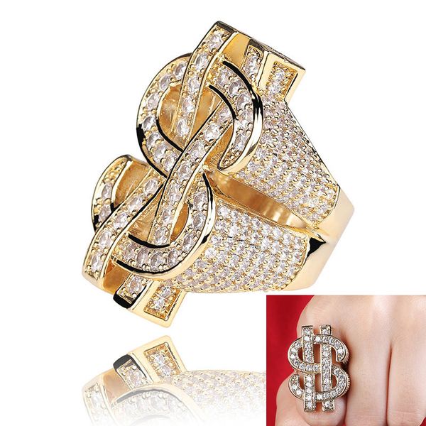 Anillo de hip hop para hombre Joyería Signo de dólar Piedra preciosa Circón Fundición Grandes anillos de oro 18k Chapado en oro real