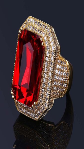 Anillo de Hip Hop para hombre, joyería de alta calidad, piedras preciosas de rubí, circón, moda, anillos Punk dorados 1333617