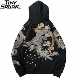 Mens Hip Hop Streetwear Hoodie Chinese Stijl Dragon Phoenix Borduurwerk Pullover Nieuwe Herfst Katoen Fleece Floral Sweatshirt 201127