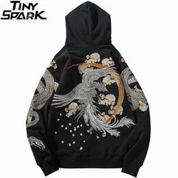 Mens Hip Hop Streetwear Hoodie Chinese Stijl Dragon Phoenix Borduurwerk Pullover Herfst Katoen Fleece Floral Sweatshirt 210813