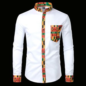 Heren hipster african dashiki tribal grafische patchwork shirts slim fit lange mouwen mandarijn kraag shirt camisas heren kleding 201120