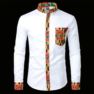 Mens Hipster Afrikaanse Dashiki Tribal Grafische Patchwork Shirts Slim Fit Lange Mouwen Mandarijn Kraag Shirt Camisas Heren Kleding 210626