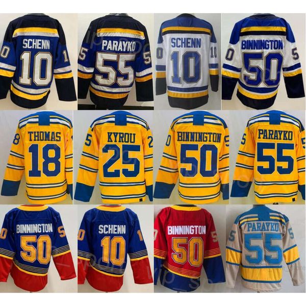 Hockey para hombre 10 Brayden Schenn Jerseys Retro inverso 18 Robert Thomas 25 Kyrou 50 Binnington 55 Colton Parayko Clásico de invierno Bordado Heritage Azul Blanco Amarillo