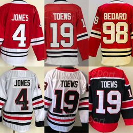 Mens Hóquei 4 Seth Jones Jerseys Reverse Retro 19 Jonathan Toews 98 Connor Bedard Costura Preto Branco Vermelho Equipe Away Algodão Puro Para Fãs Esportivos Pulôver Respirável