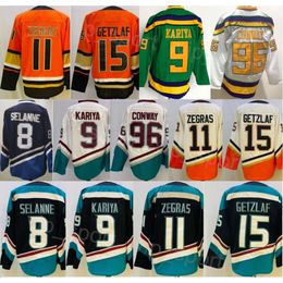 Heren Hockey 8 Teemu Selanne Jerseys Reverse Retro 96 Charlie Conway 9 Paul Kariya 15 Ryan Getzlaf 11 Trevor Zegras Stitch Team Zwart Oranje Wit Groen Voor sportfans