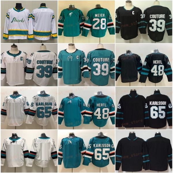 Jerseys de hockey para hombre 39 Logan Couture 65 Erik Karlsson 48 Tomas Hertl Teal Black 28 Timo Meier Jersey Hombres Camisas cosidas S-XXXL C Parche