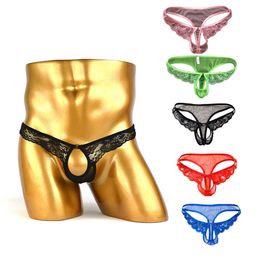 Herren-Loch-Unterwäsche, offener Schritt, sexy G-String, erotische Spitze, T-Rücken-Tanga, männliche Unterhose, schwul