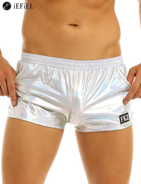 Hommes holographique brillant métallique Boxer slips décontracté lâche salon Shorts sous-vêtements mode maillot de bain maillot de bain bikini 240129