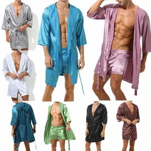 Peignoir à capuche pour hommes avec short à manches courtes Hommes Pyjama Robe de bain Ensemble d'été en satin de soie Chemise de nuit Kimo Peignoir de nuit l1ag #